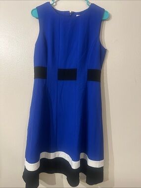 Calvin Klein Blue,White,Black Colorblock Fit & Flared Lined Dress Sz 8